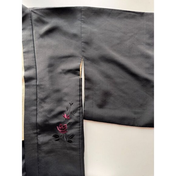Vintage Japanese Black Maroon Floral Embroidered Kimono Robe, One Size - Picture 6 of 15